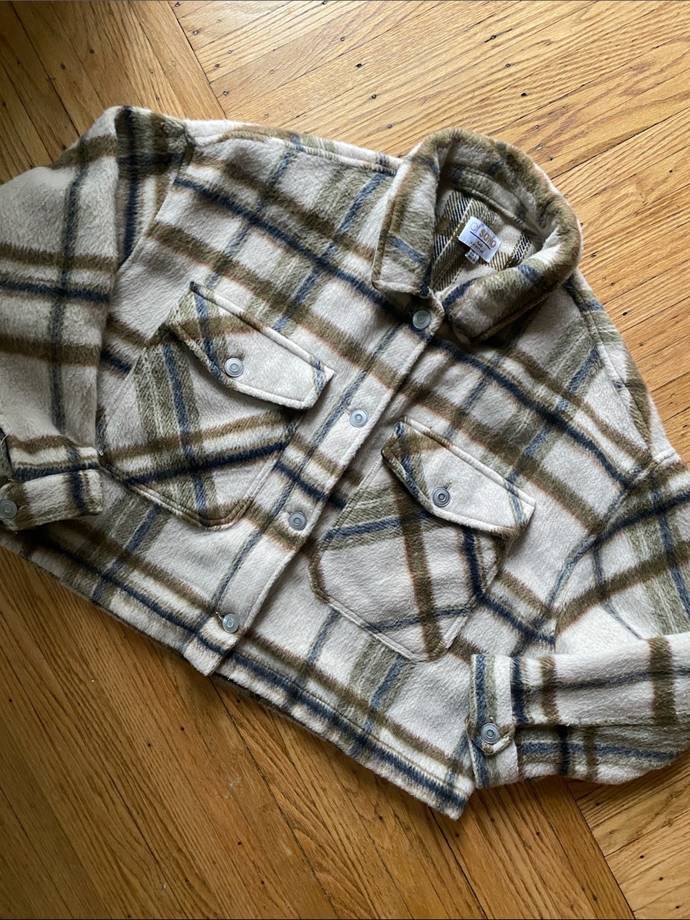 Ci Sono Cream Plaid Shacket with Olive & Navy Stripes
